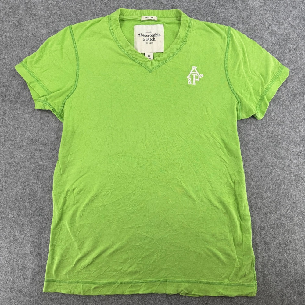 VTG Y2K Abercrombie & Fitch T-Shirt Mens S Muscle Fit Lime Green V-Neck Logo EUC